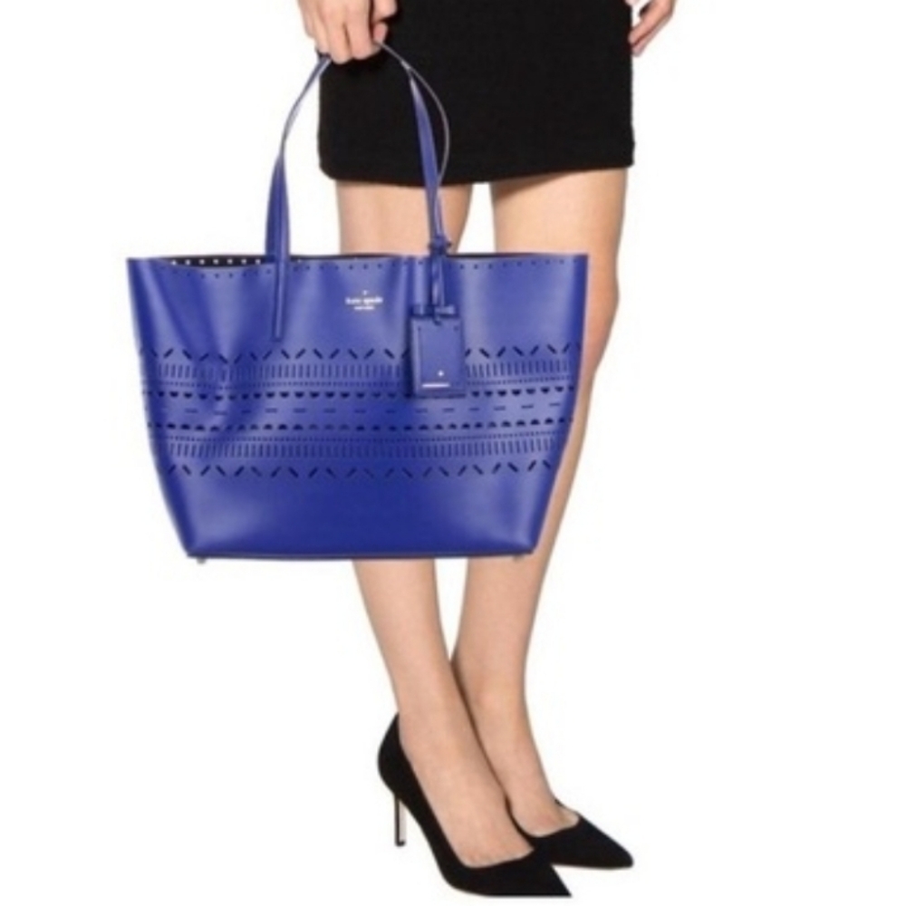 Kate Spade Lillian Court Medium Harmony laser-cut leather tote sapphire blue